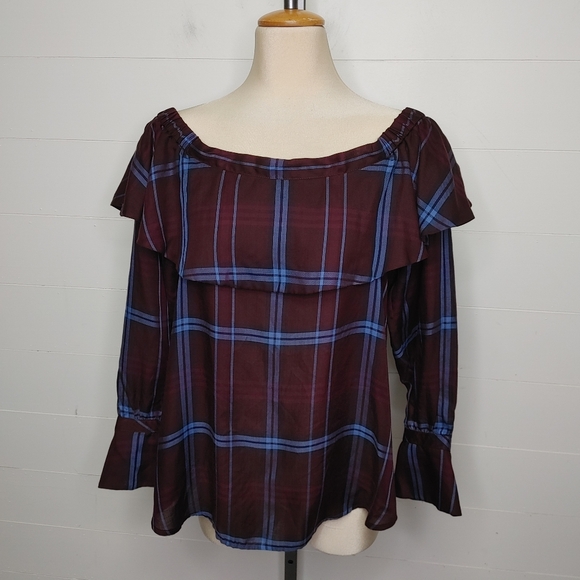 Loft plaid off-shoulder ruffle top size M - Picture 2 of 13